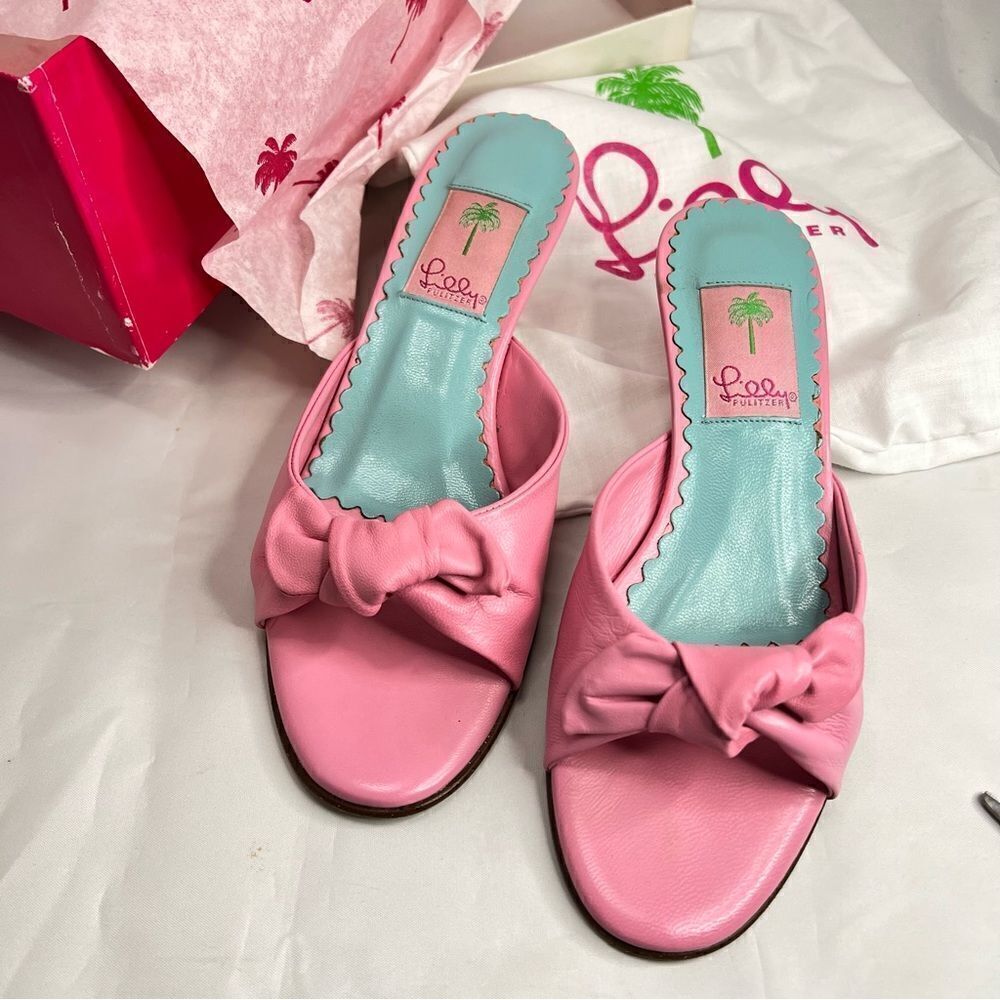 Lilly Pulitzer Women's Napa Sandals Slides Hibiscus Pink Leather Bow Kitten Heel - Picture 8 of 10
